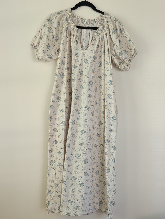 Neuflora Dresses & Skirts - Smocked Neck Cream Maxi Dress with Blue Floral Print